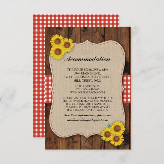 Zonnebloem Rode Accommodatie Burlap Trouwkaarten Informatiekaartje (Voorkant / Achterkant)