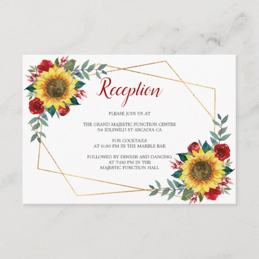 Zonnebloem Rode Bloemen Geometrische Bruiloft Rece Informatiekaartje (Voorkant)