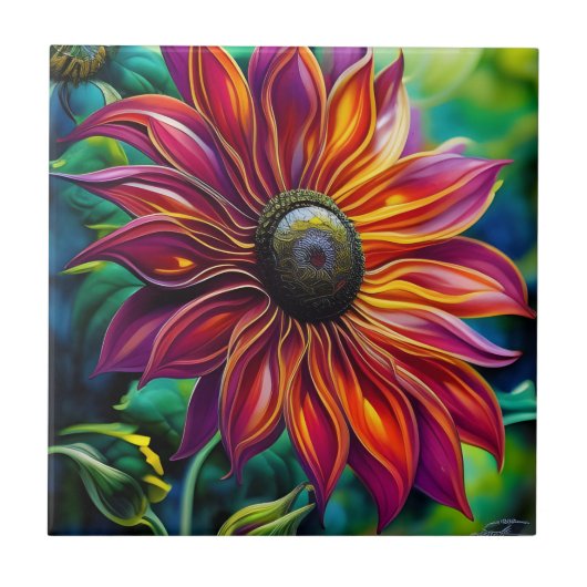 Zonnebloem, rode en goudfiligree tegeltje (Voorkant)