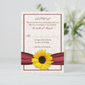 Zonnebloem Rode Lint Damast Trouw RSVP Kaart (Staand voorkant)