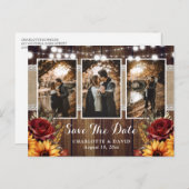 Zonnebloem Rode Roos Rustiek Hout Trouwfoto Aankondigingskaart (Voorkant / Achterkant)