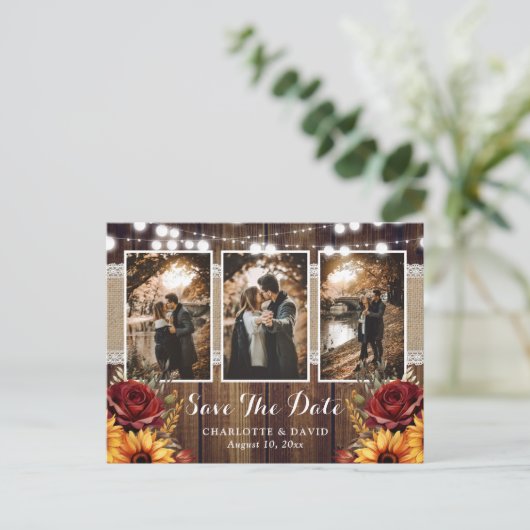 Zonnebloem Rode Roos Rustiek Hout Trouwfoto Aankondigingskaart (Staand voorkant)