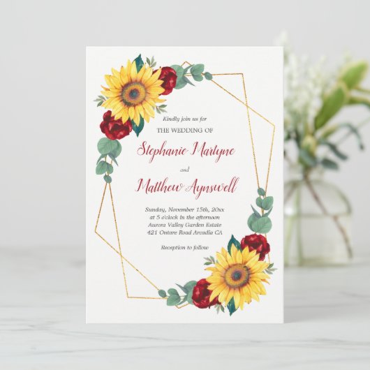 Zonnebloem Rode Roze Geometrische Florale bruiloft Kaart (Staand voorkant)