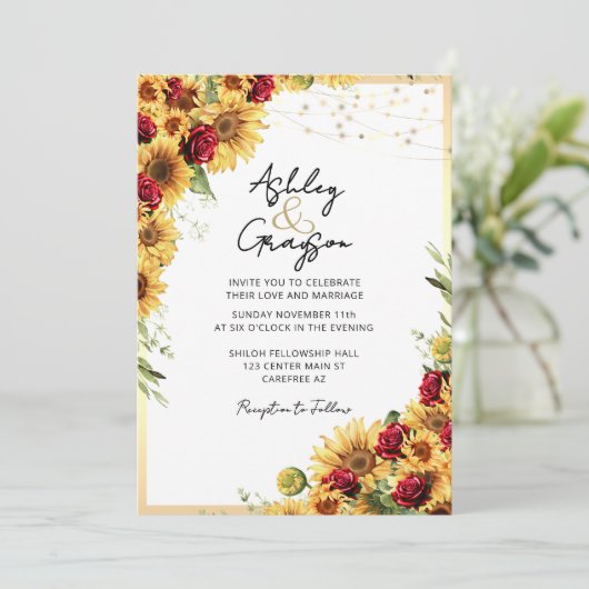 Zonnebloem rode rozen bruiloft kaart (Staand voorkant)