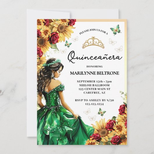 Zonnebloem Rode Rozen Groene Prinses Quinceañera Kaart (Voorkant)