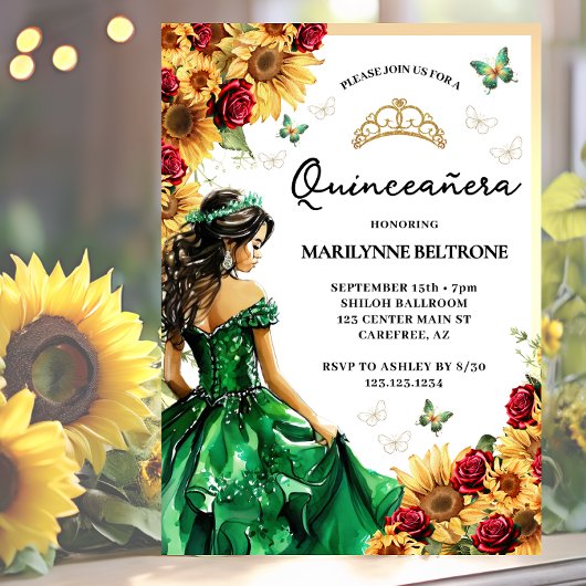 Zonnebloem Rode Rozen Groene Prinses Quinceañera Kaart
