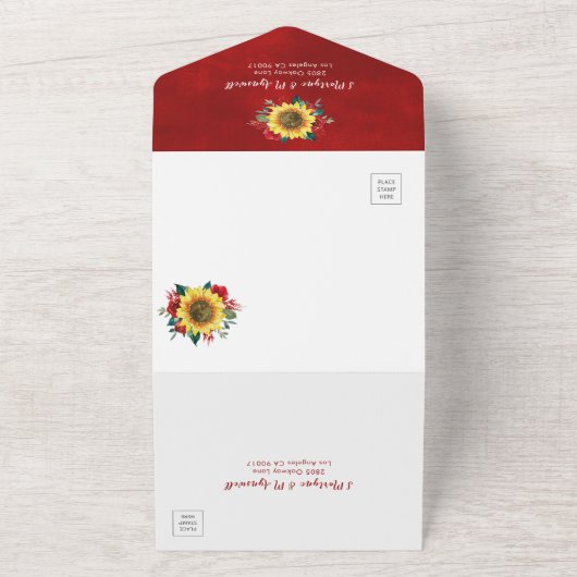 Zonnebloem Rode Rozen Lichten Bloemen Bruiloft All In One Uitnodiging (Buitenkant)