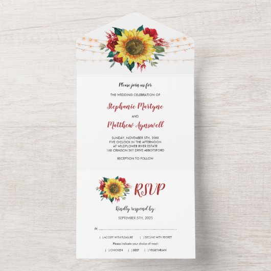 Zonnebloem Rode rozen Lichten Floral Weddenschap All In One Uitnodiging (Binnen)
