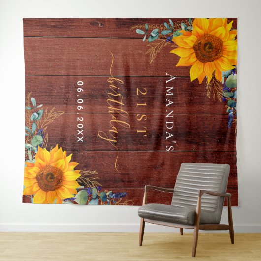 Zonnebloem, roestbruin hout eucalyptus wandkleed (In Situ (horizontaal))