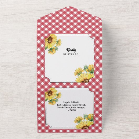 Zonnebloem Rood Wit Gingham Bruiloft Uitnodigen &  All In One Uitnodiging (Buitenkant)