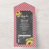 Zonnebloem Rood Wit Gingham Bruiloft Uitnodigen &  All In One Uitnodiging (Binnen)