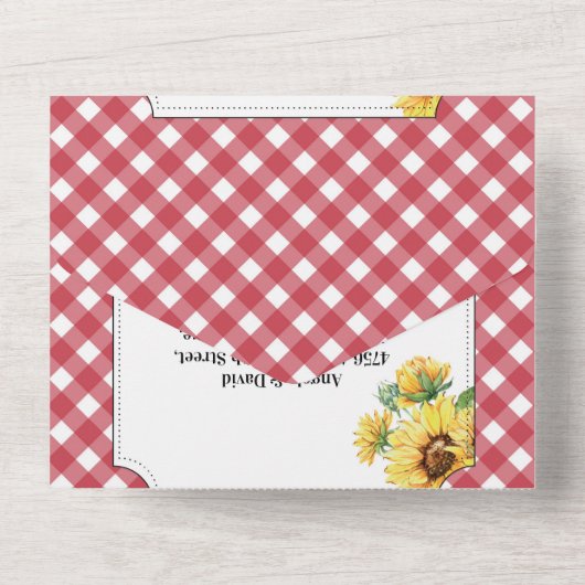 Zonnebloem Rood Wit Gingham Bruiloft Uitnodigen &  All In One Uitnodiging (Achterkant)