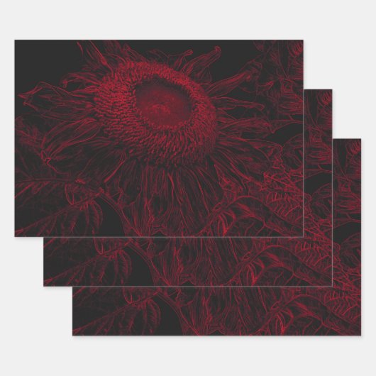 Zonnebloem Rood Zwart Bloemenkunst Decoupage Inpakpapier Vel (Set)