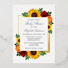 Zonnebloem Roos Autumn Floral Baby shower Folie Uitnodiging