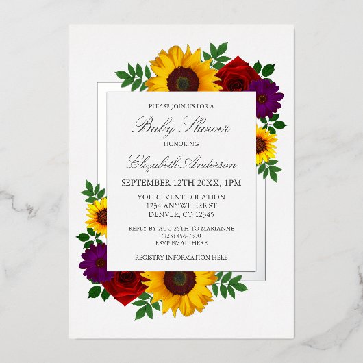 Zonnebloem Roos Autumn Floral Baby shower Folie Uitnodiging (Voorkant)