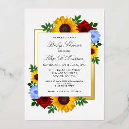 Zonnebloem Roos Autumn Floral Baby shower Folie Uitnodiging