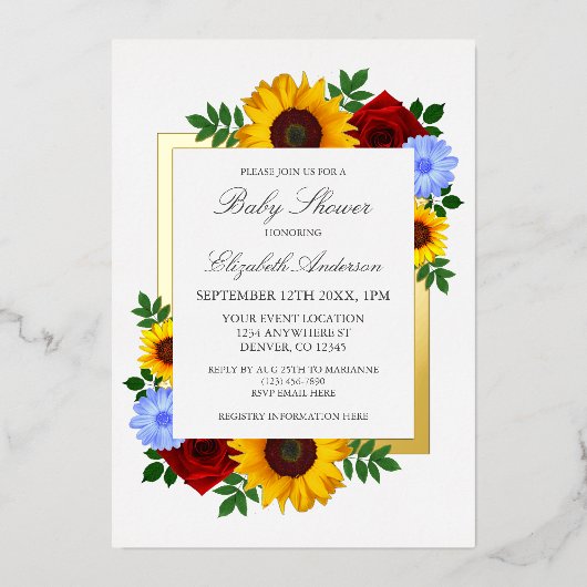 Zonnebloem Roos Autumn Floral Baby shower Folie Uitnodiging (Voorkant)