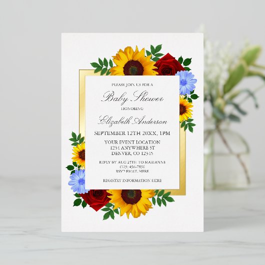 Zonnebloem Roos Autumn Floral Baby shower Folie Uitnodiging (Staand Voorkant)