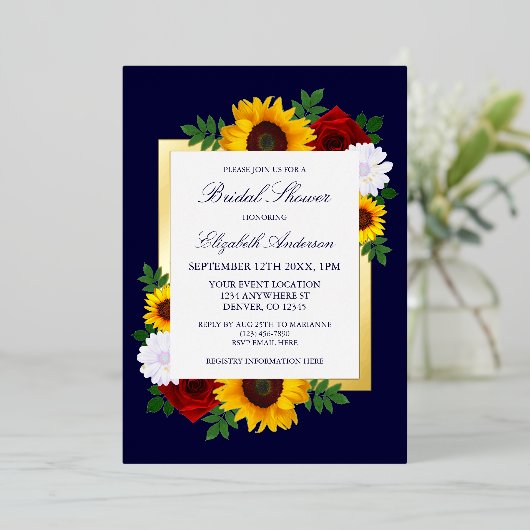 Zonnebloem Roos Autumn Floral Vrijgezellenfeest Folie Uitnodiging (Staand Voorkant)