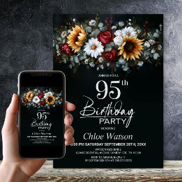 Zonnebloem Roos Bloem Zwart 95e Verjaardagsfeestje Kaart