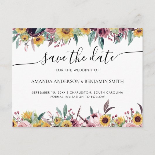 Zonnebloem Roos Burgundy Rustic Herfst Floral Wedd Briefkaart (Voorkant)