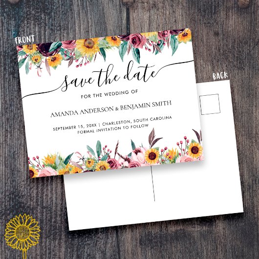 Zonnebloem Roos Burgundy Rustic Herfst Floral Wedd Briefkaart