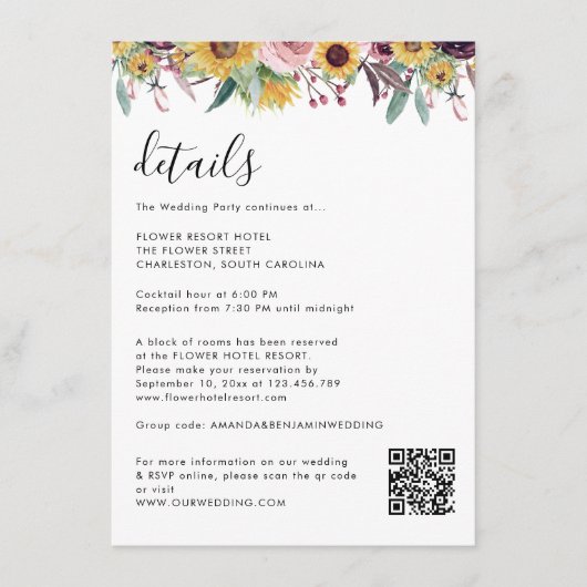 Zonnebloem Roos Burgundy Rustic QR Code Weddenscha Informatiekaartje (Voorkant)