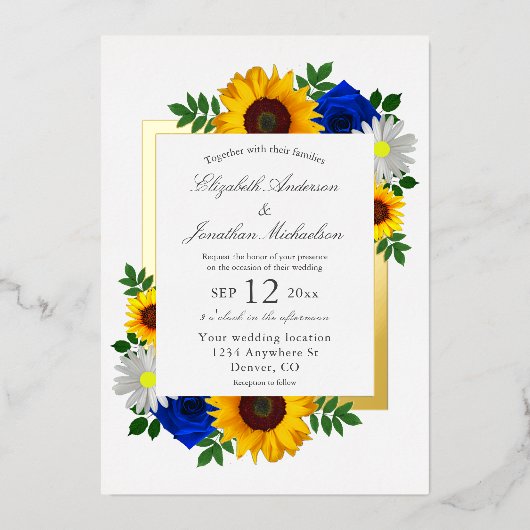 Zonnebloem Roos Daisy Autumn Floral Wedding Folie Uitnodiging (Voorkant)