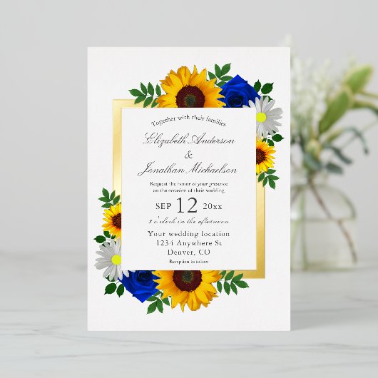 Zonnebloem Roos Daisy Autumn Floral Wedding Folie Uitnodiging (Staand Voorkant)