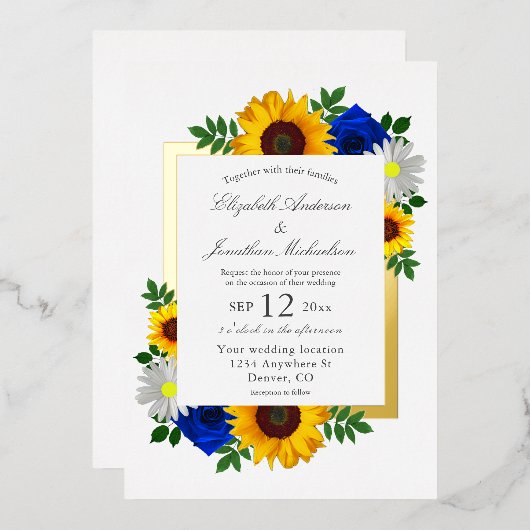 Zonnebloem Roos Daisy Autumn Floral Wedding Folie Uitnodiging (Voorkant / Achterkant)