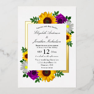 Zonnebloem Roos Daisy Autumn Floral Wedding Folie Uitnodiging