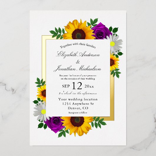 Zonnebloem Roos Daisy Autumn Floral Wedding Folie Uitnodiging (Voorkant)