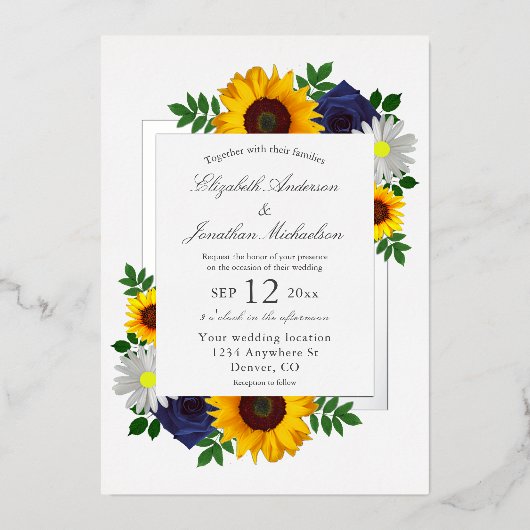 Zonnebloem Roos Daisy Autumn Floral Wedding Folie Uitnodiging (Voorkant)