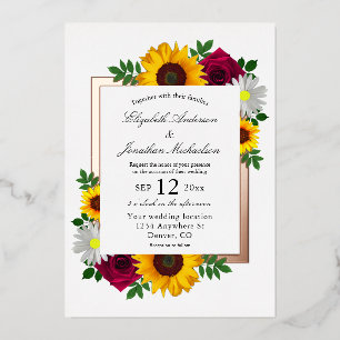 Zonnebloem Roos Daisy Autumn Floral Wedding Folie Uitnodiging