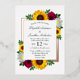 Zonnebloem Roos Daisy Autumn Floral Wedding Folie Uitnodiging