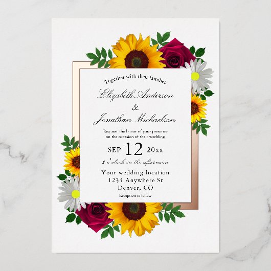 Zonnebloem Roos Daisy Autumn Floral Wedding Folie Uitnodiging (Voorkant)