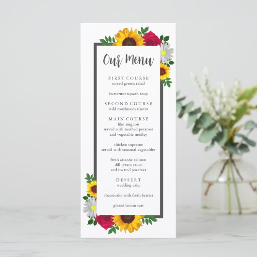 Zonnebloem Roos Daisy Autumn Floral Wedding Menu (Staand voorkant)
