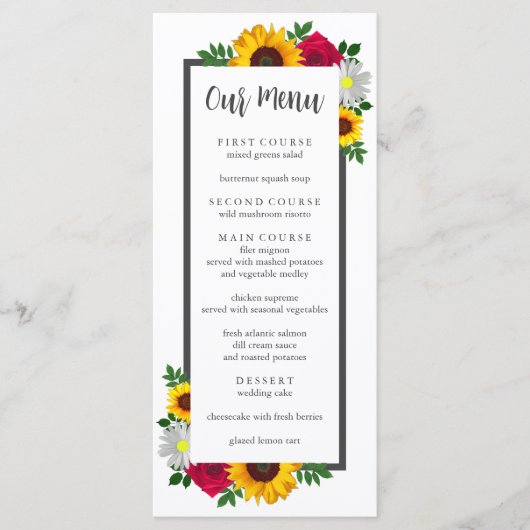 Zonnebloem Roos Daisy Autumn Floral Wedding Menu (Voorkant)