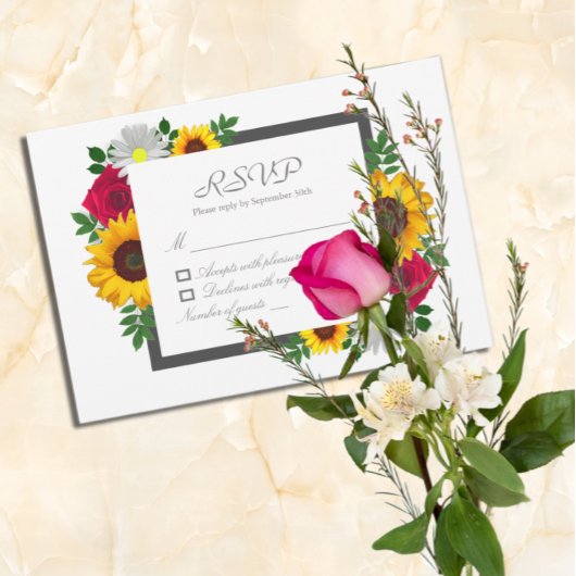 Zonnebloem Roos Daisy Autumn Floral Wedding RSVP Kaartje