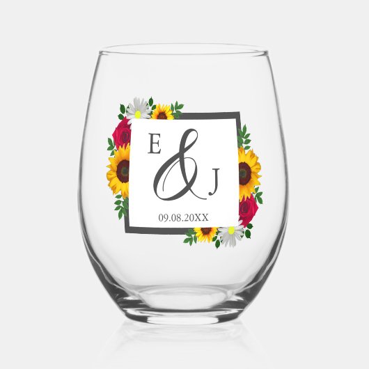 Zonnebloem Roos Daisy Autumn Floral Wedding Wijnglas Zonder Voet (Voorkant)