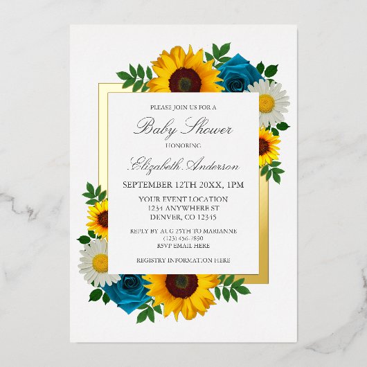 Zonnebloem Roos Daisy Floral Baby shower Folie Uitnodiging (Voorkant)