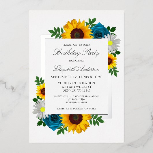 Zonnebloem Roos Daisy Floral Birthday Folie Uitnodiging (Voorkant)