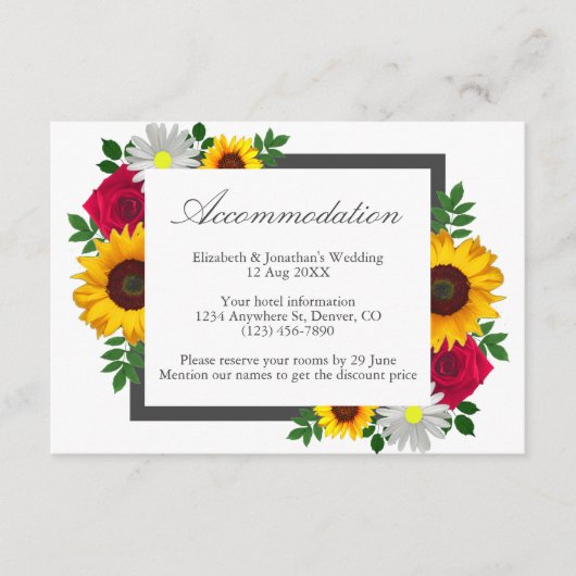 Zonnebloem Roos Daisy Floral Wedding Accommodatie Informatiekaartje (Voorkant)