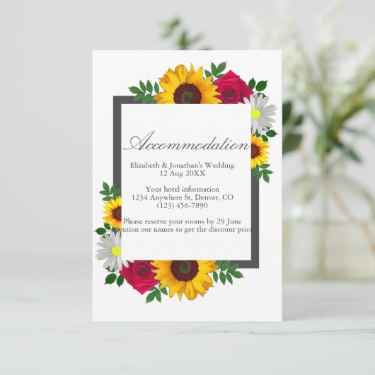 Zonnebloem Roos Daisy Floral Wedding Accommodatie Informatiekaartje (Staand voorkant)