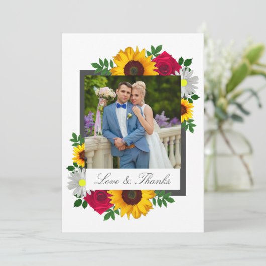 Zonnebloem Roos Daisy Floral Wedding Bedankkaart (Staand voorkant)