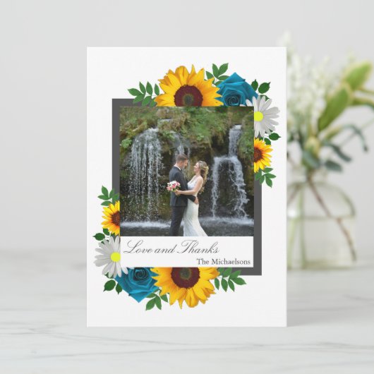 Zonnebloem Roos Daisy Floral Wedding Bedankkaart (Staand voorkant)
