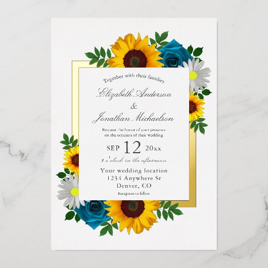 Zonnebloem Roos Daisy Floral Wedding Folie Uitnodiging (Voorkant)