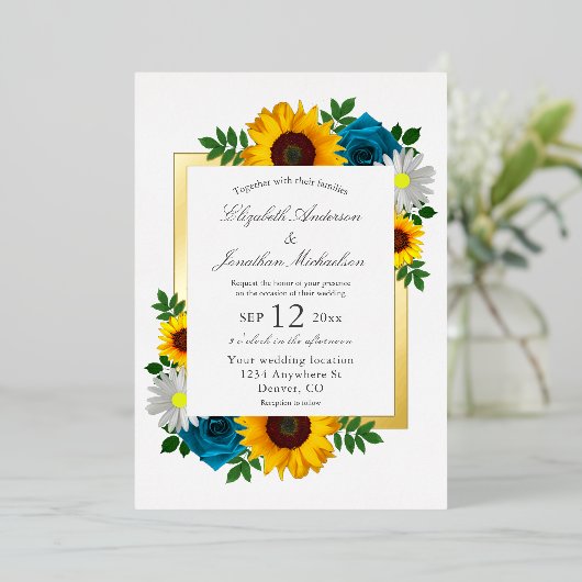 Zonnebloem Roos Daisy Floral Wedding Folie Uitnodiging (Staand Voorkant)