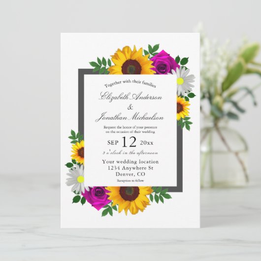 Zonnebloem Roos Daisy Floral Wedding Kaart (Staand voorkant)