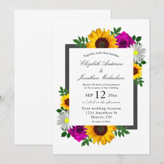 Zonnebloem Roos Daisy Floral Wedding Kaart (Voorkant / Achterkant)